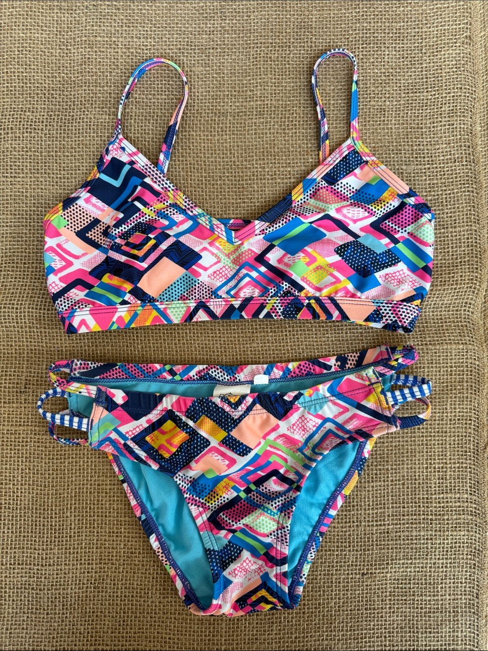Dolfin Girls Colorful Geometric Print Bikini - Pink Blue Teal Coral